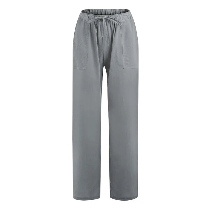 Women Fashion Low Waisted Comfy Grey Cotton Linen Straight Leg Sweatpants On Sale