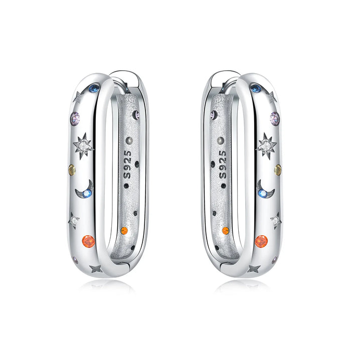 925 Sterling Silver Dreamy Celestial Elegance Star & Moon Hoop Earrings On Sale 
