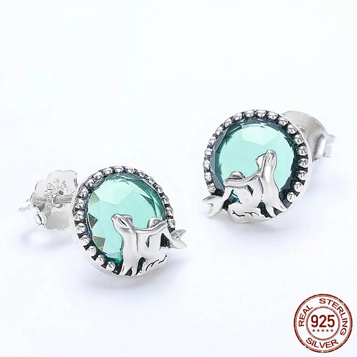 925 Sterling Silver Mermaid Light Green Glass Moon Stud Earrings On Sale