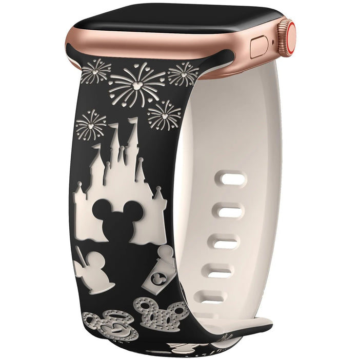 Black White 3D Dream Disney Mickey Mouse Castle Theme Design Silicone Apple Watch Band On Sale