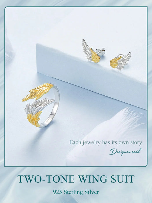 925 Sterling Silver 14K Gold Plated Two-tone Angel Wings Ring And Stud Earrings Jewelry Set Collection On Sale