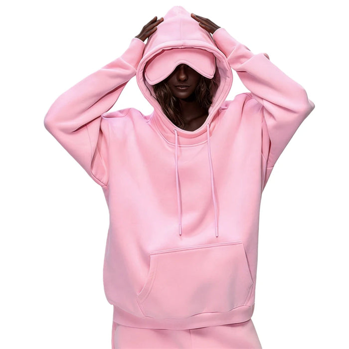 Unisex Plush Hoodie With Eye Mask Design In Pink On Sale