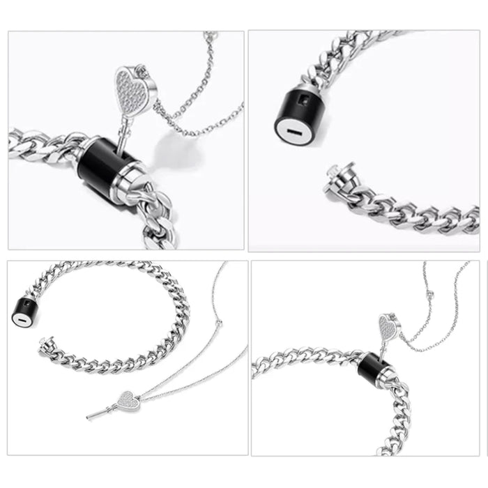 Silver Stainless Steel Heart Key Pendant Couple Bracelet Necklace Jewelry Set On Sale