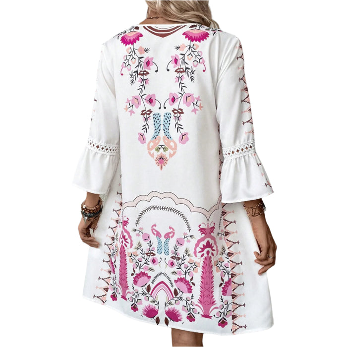 Hot Pink Bohemian Style Floral Printed Sleeve Lace Dress On Sale