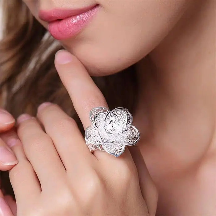 925 Sterling Silver Plated Flower Blossom Charm Ring On Sale