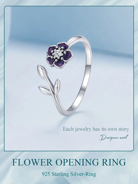 925 Sterling Silver Enamel Flower Adjustable Open Ring With Zircon On Sale