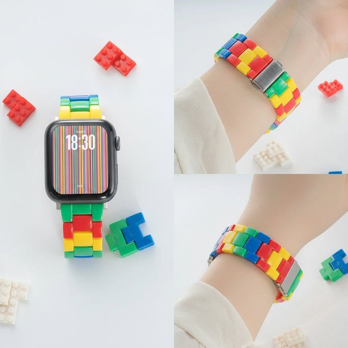 Colourful brick-style resin watch band with matching protective case compatible with Apple Watch 38mm–49mm on sale