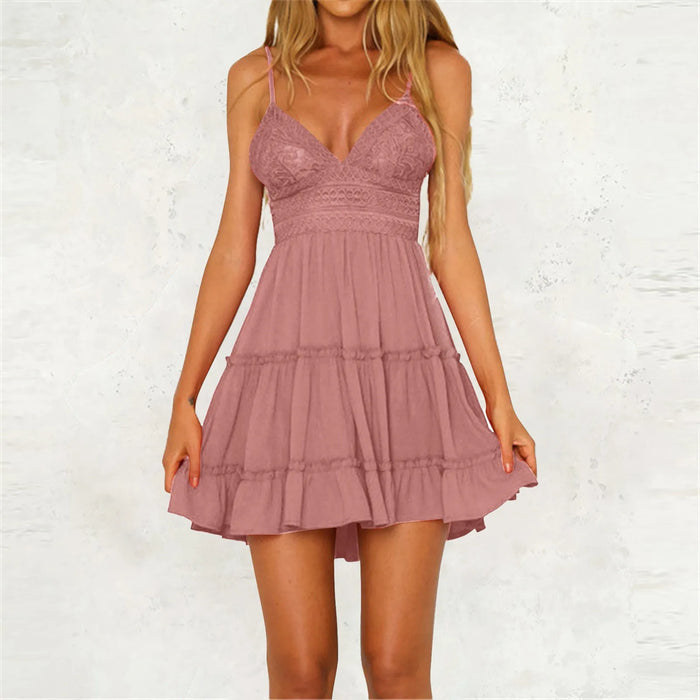 Pink Spaghetti Strap Backless Lace Bowtie Dresses On Sale