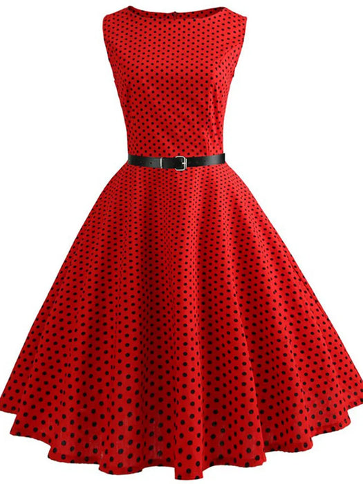 Red Dots Printed Scoop Neck Vintage Style Summer Dress On Sale