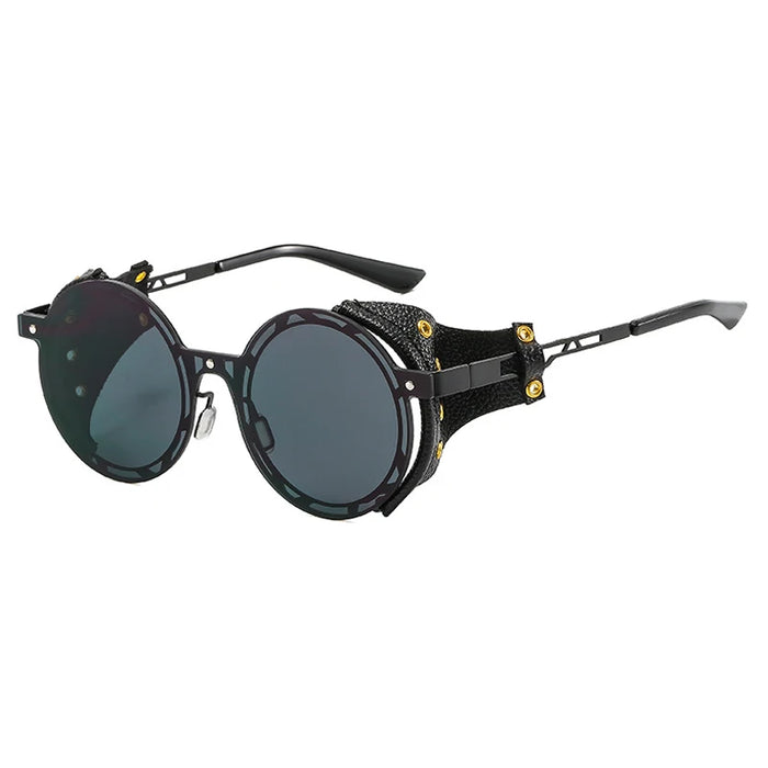 Chic Black Vintage Leather Steampunk Goggle Style Round Sunglasses On Sale