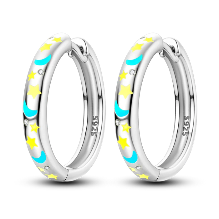 925 Sterling Silver Star Moon Round Huggie Hoop Earrings With Zircon Accents On Sale