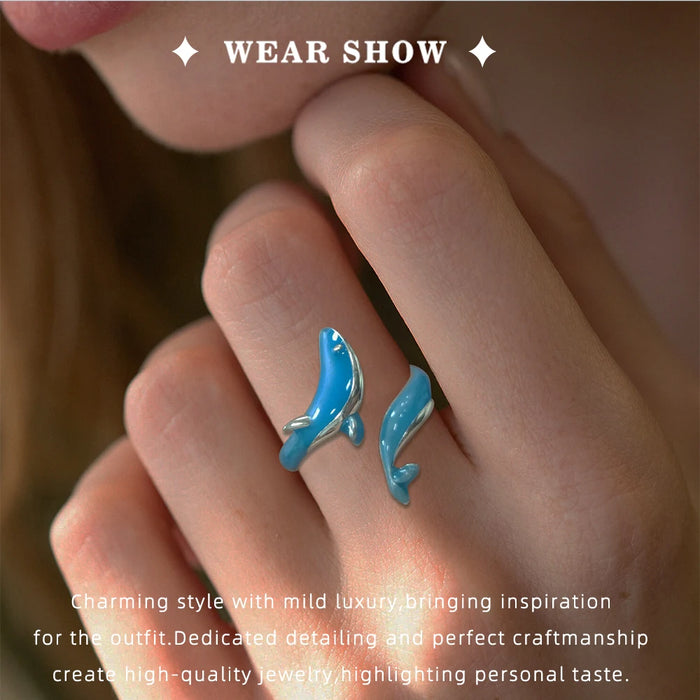 925 Sterling Silver White Gold Plated Glow-in-the-dark Enamel Whale Adjustable Rings On Sale