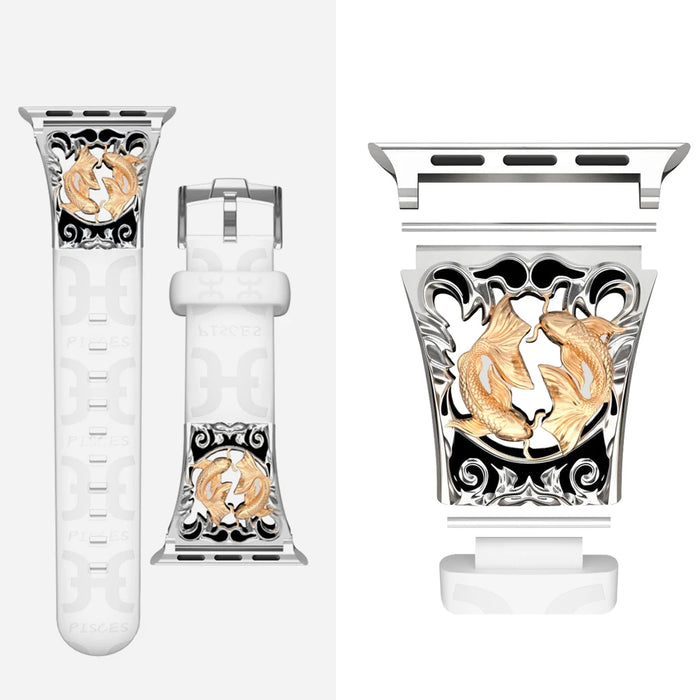 Pisces White - 12 Constellations Silicone Sport Watch Band With Stainless Steel Zodiac Symbol Detail Compatible with Apple Watch Series 1–11, SE, Ultra, and Ultra 2 On Sale