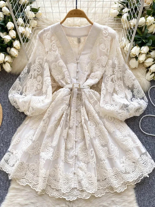 Apricot Elegant Vintage French Embroidery Lace Style Long Lantern Sleeves Shirt Dress On Sale