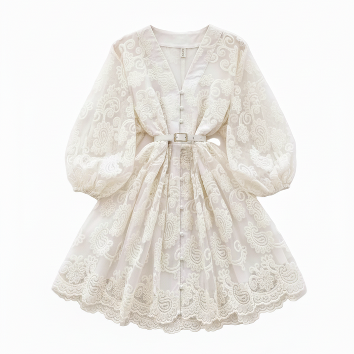 Apricot Elegant Vintage French Embroidery Lace Style Long Lantern Sleeves Shirt Dress On Sale