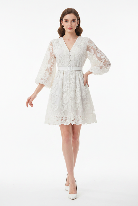 Apricot Elegant Vintage French Embroidery Lace Style Long Lantern Sleeves Shirt Dress On Sale