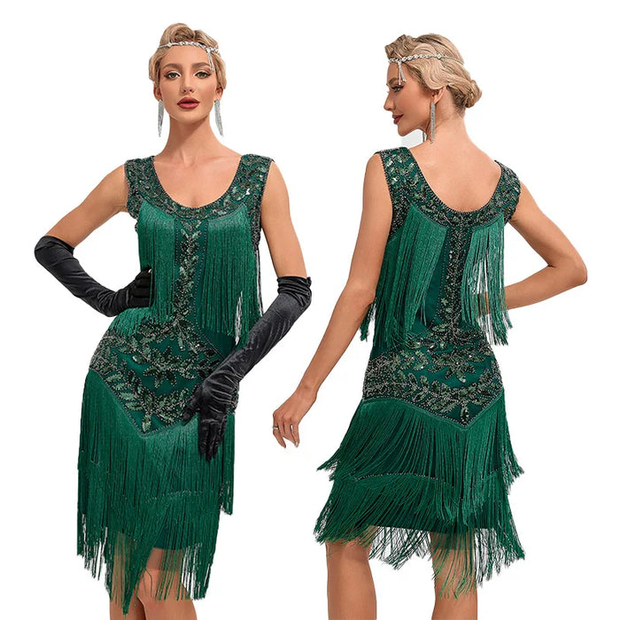 1920s Vintage Gatsby Style Green Sequin Fringed Flapper Cocktail Party Dress on Sale