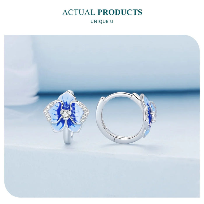 925 Sterling Silver Blue Enamel Butterfly Orchid Hoop Earrings On Sale