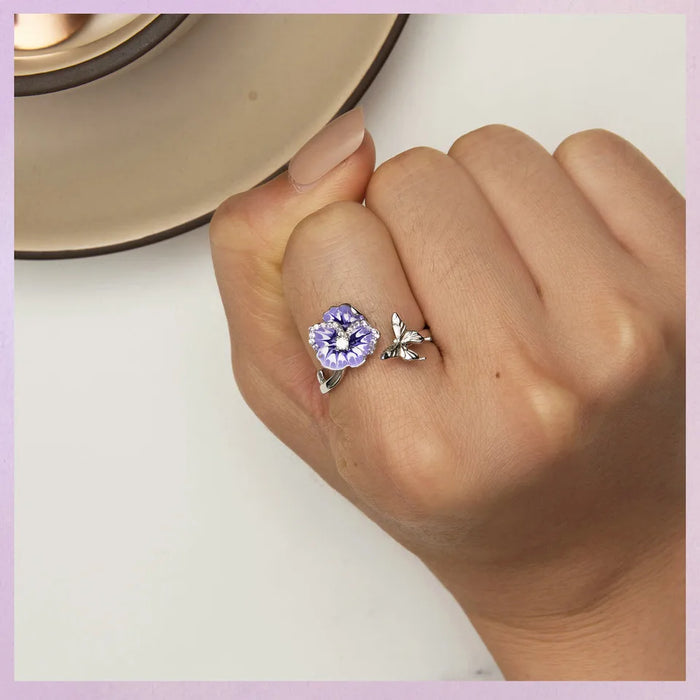 925 Sterling Silver Butterfly And Purple Pansy Flower Open Rings On Sale