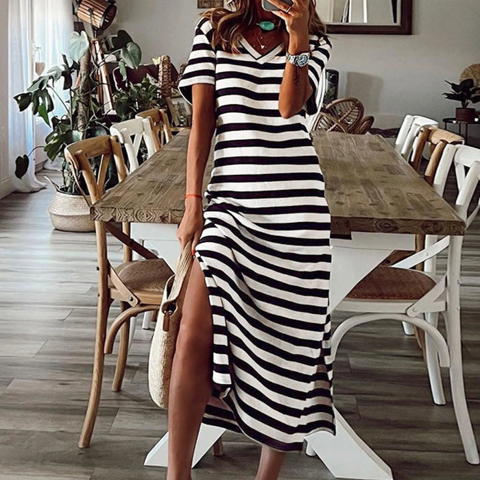 Black and White Stripes Casual Loose Fitted Long Split Maxi Beach Lounge Dress On Sale