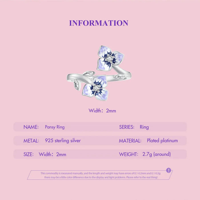 925 Sterling Silver Purple Pansy Flowers Open Rings On Sale