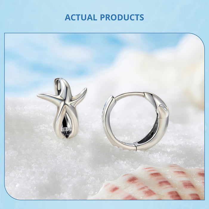 925 Sterling Silver Ocean Marine Life Theme Starfish Hoop Earrings Collection On Sale