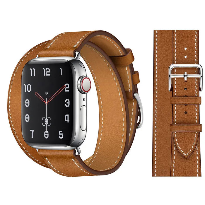 Double Brown Genuine Leather Loop Apple Watch Band For iWatch Series On Sale