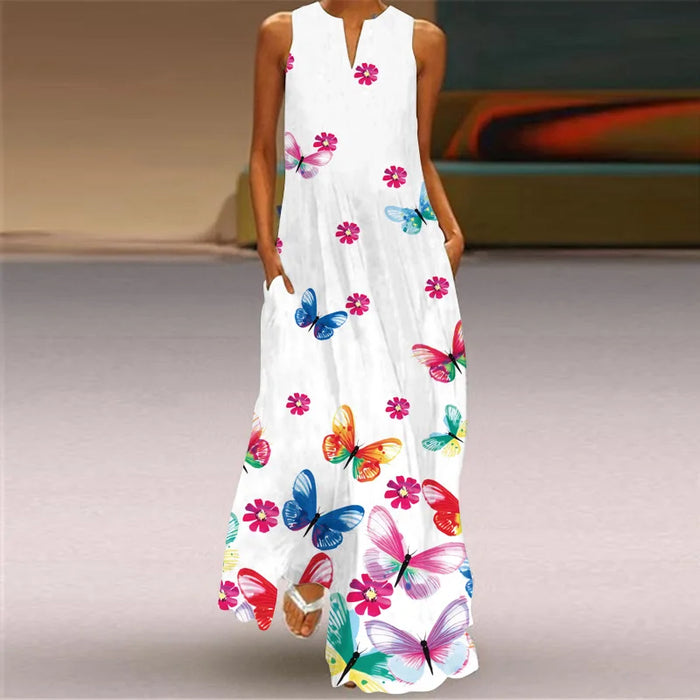 Butterfly Floral V-neck Casual Boho Style Sleeveless Pocket Large Size Long White Beach Dress On Sale