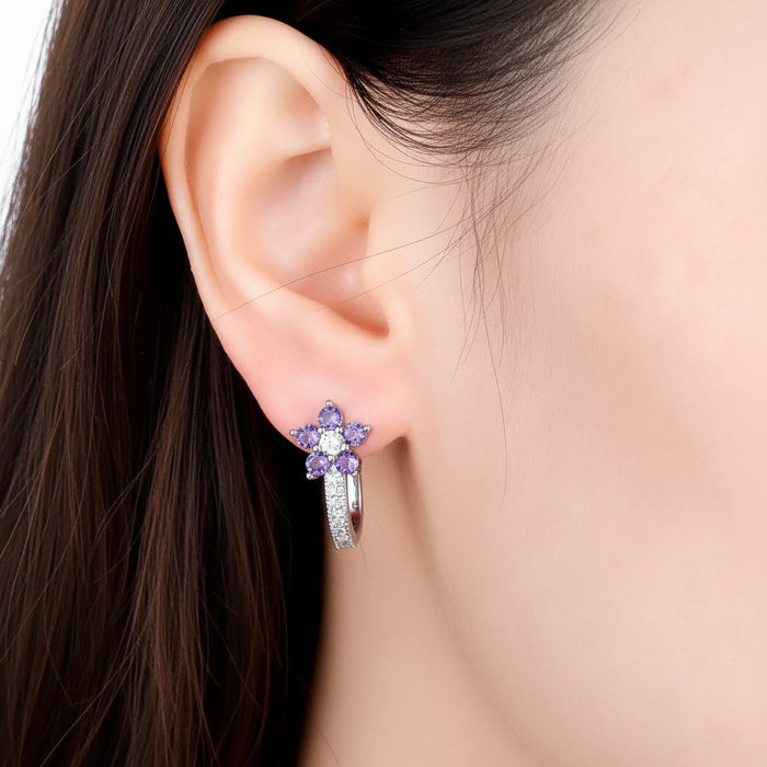 925 Sterling Silver Floral Design Hoop Earrings - Purple Flower On Sale