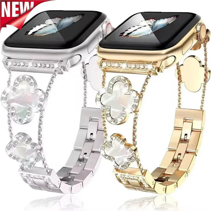 Cloverleaf Diamond Women Stainless Steel Apple Watch Bracelet For Ultra, 49mm, 46mm, 45mm, 44mm, 42mm, 41mm, 40mm, 38mm On Sale