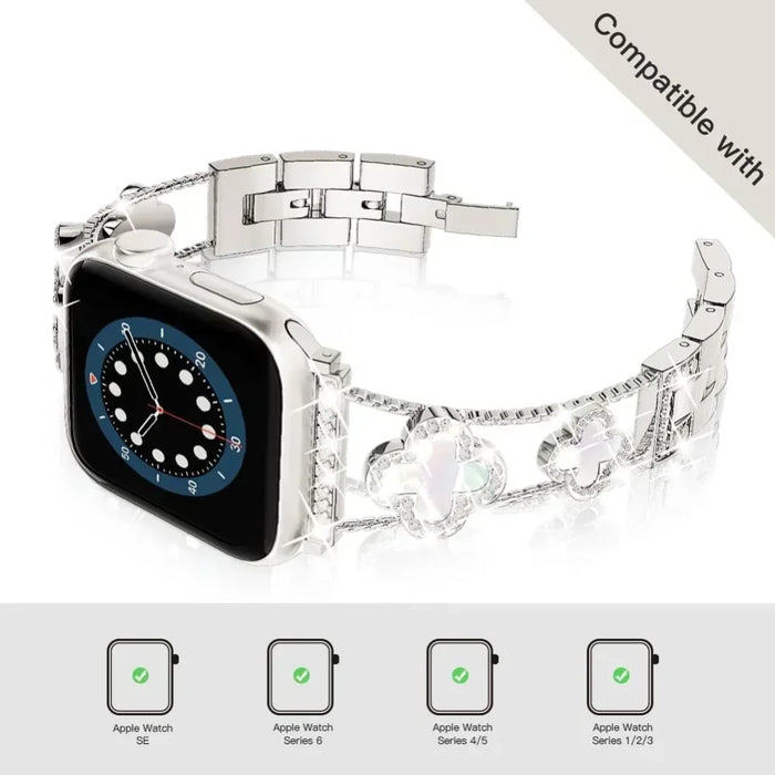 Cloverleaf Diamond Women Stainless Steel Apple Watch Bracelet For Ultra, 49mm, 46mm, 45mm, 44mm, 42mm, 41mm, 40mm, 38mm On Sale