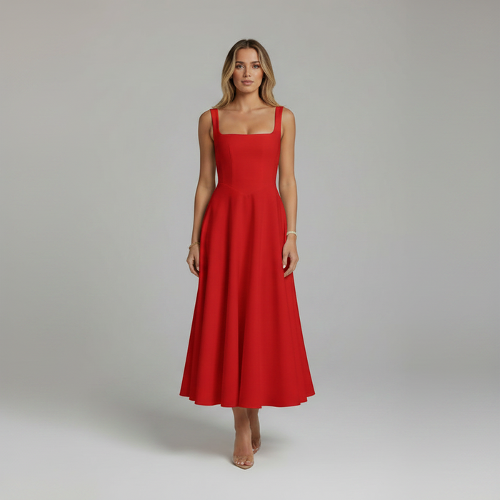 Elegant High-Waisted Squared Neckline Sleeveless A-line Sling Maxi Red Dress On Sale