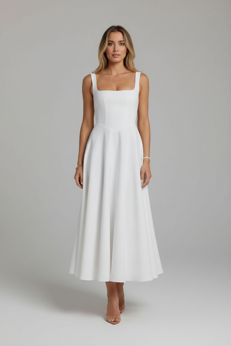 Elegant High-Waisted Squared Neckline Sleeveless A-line Sling Maxi White Dress On Sale