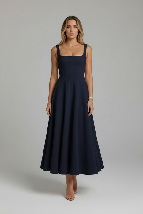 Elegant High-Waisted Squared Neckline Sleeveless A-line Sling Maxi Blue Dress On Sale
