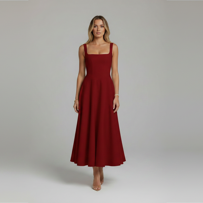 Elegant High-Waisted Squared Neckline Sleeveless A-line Sling Maxi Wine Red Dress On Sale