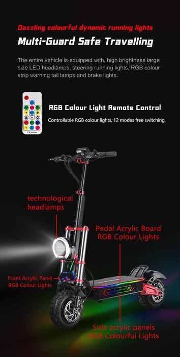 Foldable Off-road Tires Two-wheel Electric Scooter 6000W Motor 60V 38Ah With RGB Colour Lights, Shock Absorption and Smart App Control On Sale