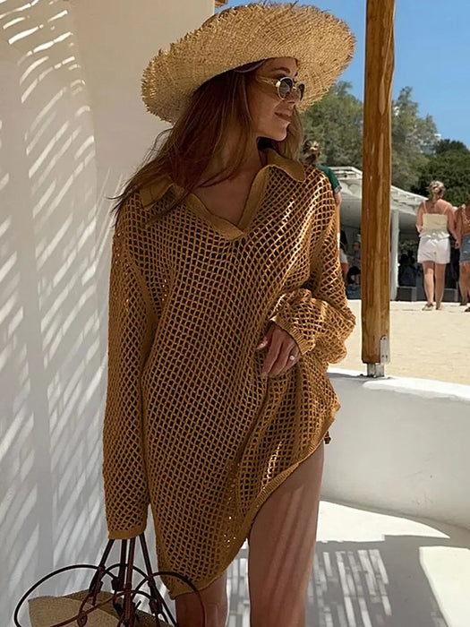 Brown Crochet Knitted Tunic Cover Up Bikini Beach Dress On Sale