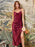Red Satin Draped Neckline Tie Shoulder Straps High Slit Figure-skimming Evening Midi Dresses On Sale
