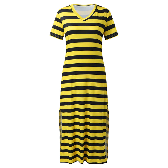 Black and Yellow Stripes Casual Loose Fitted Long Split Maxi Beach Lounge Dress On Sale