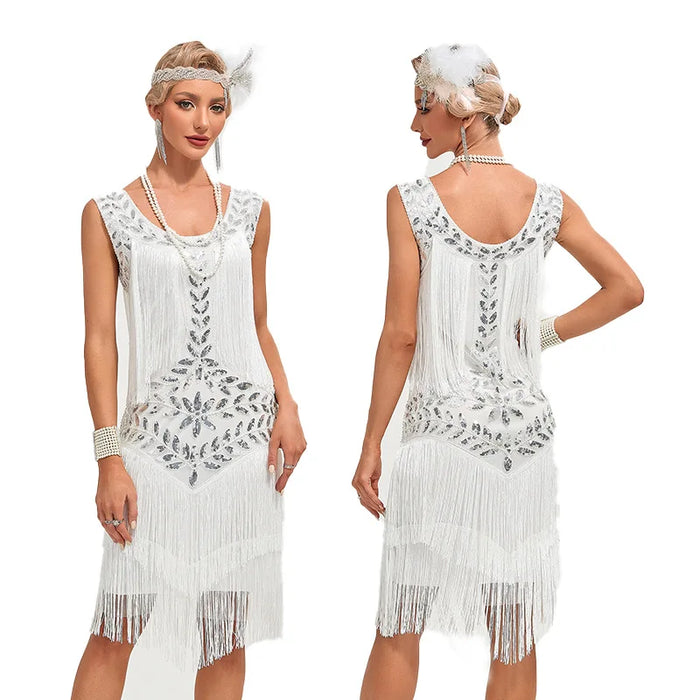 1920s Vintage Gatsby Style White Sequin Fringed Flapper Cocktail Party Dress on Sale