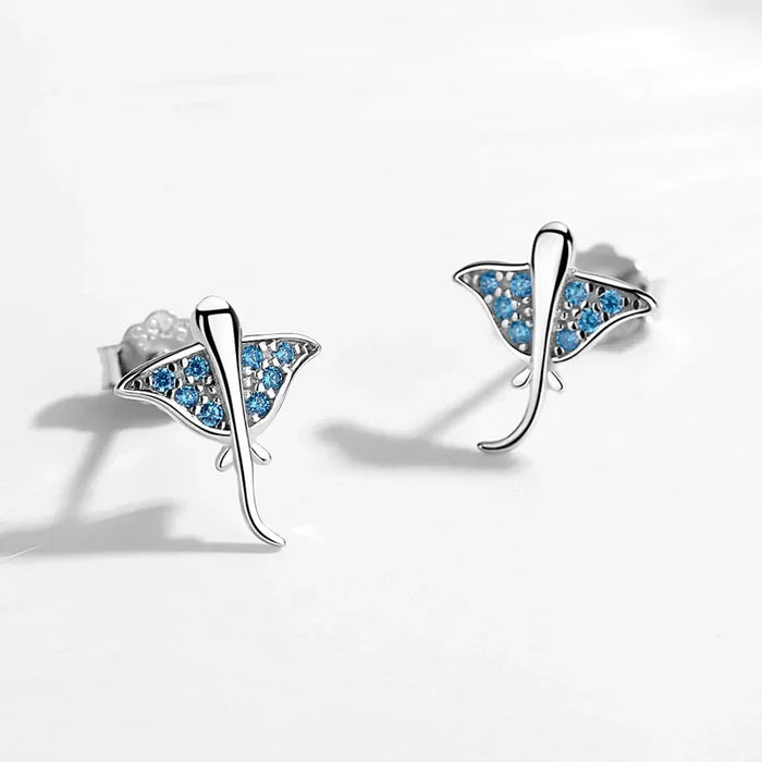925 Sterling Silver Ocean Blue Devil Ray Stud Earrings On Sale