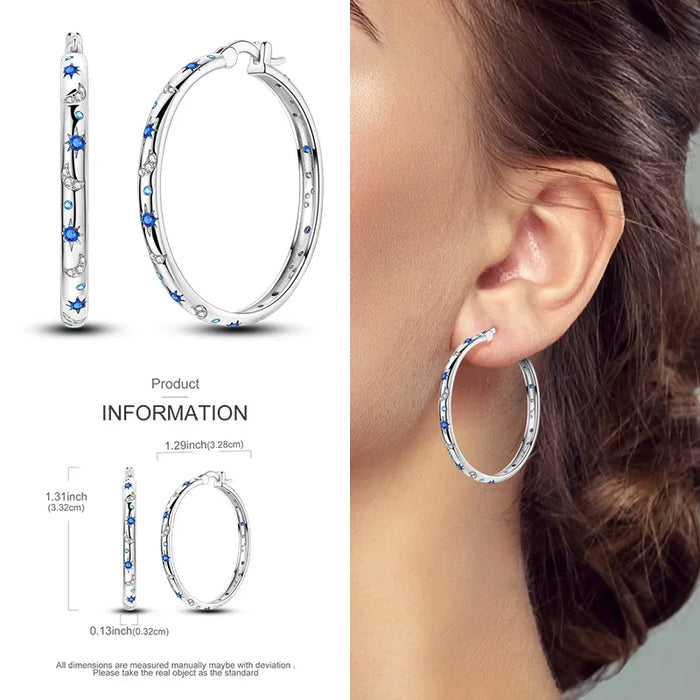 925 Sterling Silver Star Moon Round Hoop Earrings With Zircon Accents On Sale
