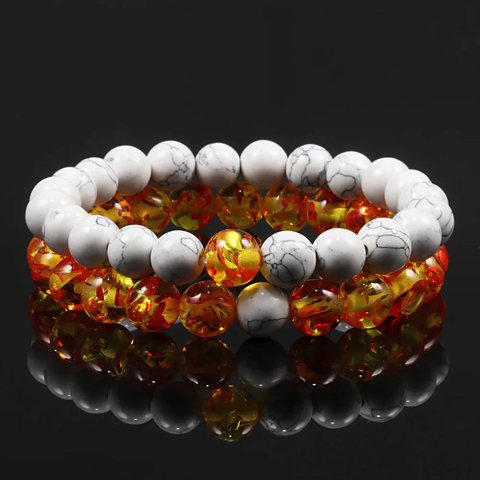 1 Set Natural White Howlite And Fire Stone Couple Bracelets On Sale