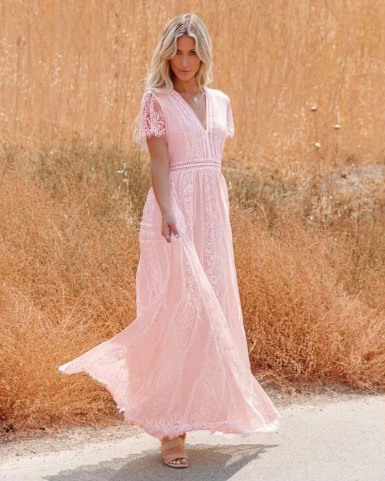 Bohemian Style Deep-V Short Sleeves Floral Lace Maxi Dress On Sale