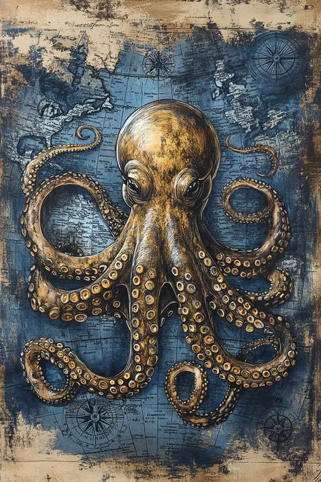 Octopus Illustration Artwork - Vintage Marine Life Canvas Print Nautical Treasure Map Wall Decor Ocean Theme Poster On Sale