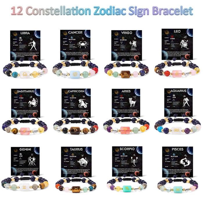 12 Constellation Zodiac Signs Natural Stone Quartz Beads Braided Bracelets For Women And Men On Sale