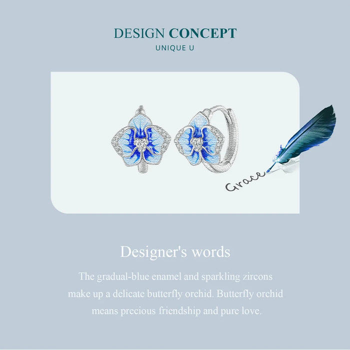925 Sterling Silver Blue Enamel Butterfly Orchid Hoop Earrings On Sale