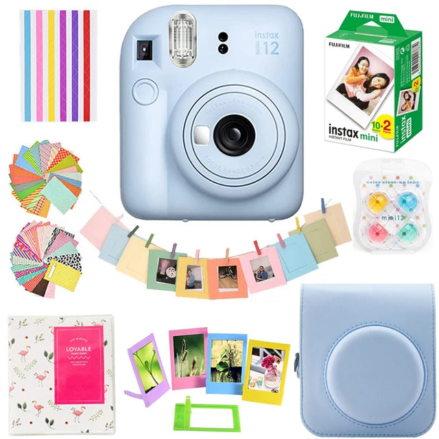 Fujifilm Instax Mini 12 Full Accessories Set With Pastel Blue Camera, 20 Mini Film Sheets And Camera Shoulder Strap Bag On Sale