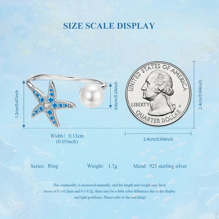925 Sterling Silver Ocean Marine Life Starfish And Pearl Theme Open Rings Collection On Sale