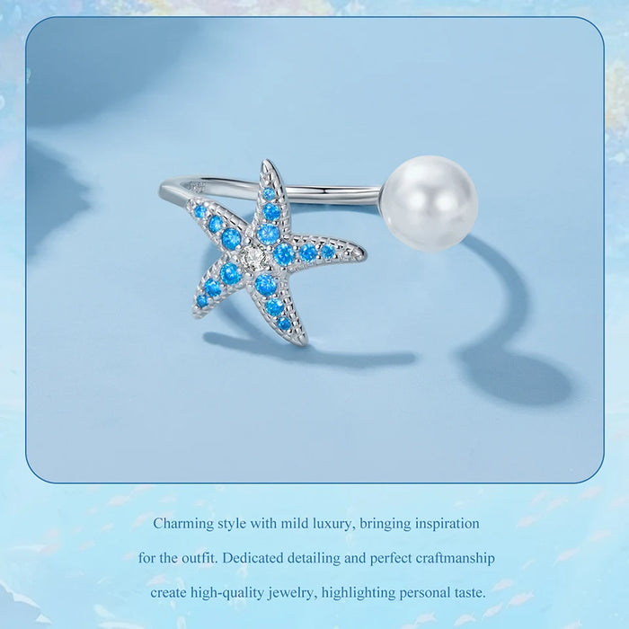 925 Sterling Silver Ocean Marine Life Starfish And Pearl Theme Open Rings Collection On Sale